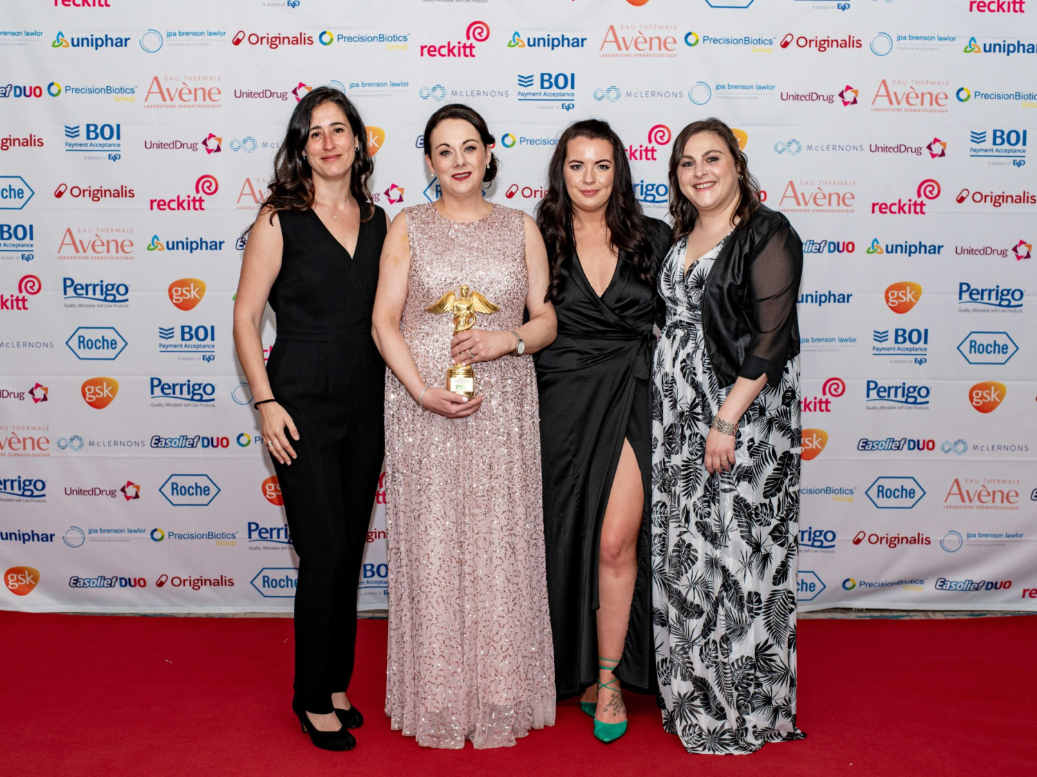 21st May 2022. The Irish Pharmacy Awards 2022 held in The Clayton Hotel, Burlington Road, Dublin 4. Pictured left to right: Laura Iacovelli with Winner of the Paolo Iacovelli Community Pharmacy Technician of the Year Award Deirdre Doherty, totalhealth Pharmacy, Gweedore, Tracey Barry and Manuela. Photos: Aidan Oliver